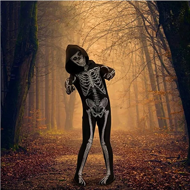 Dětský halloweenský kostým kostra - overal s potiskem kostí pro děti