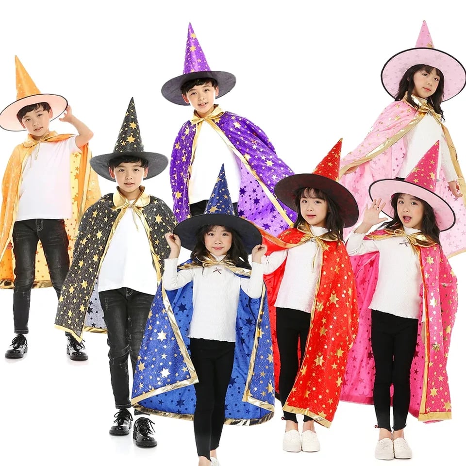 Dětský kouzelník plášť s kloboukem - karnevalový kostým pro Halloween chlapce dívky