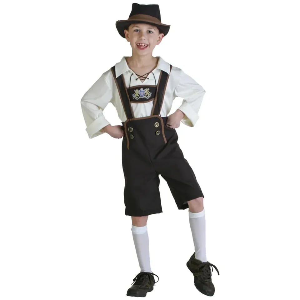 Dětský bavorský kroj lederhosen kostým Oktoberfest chlapecký set s kloboukem a kšandami