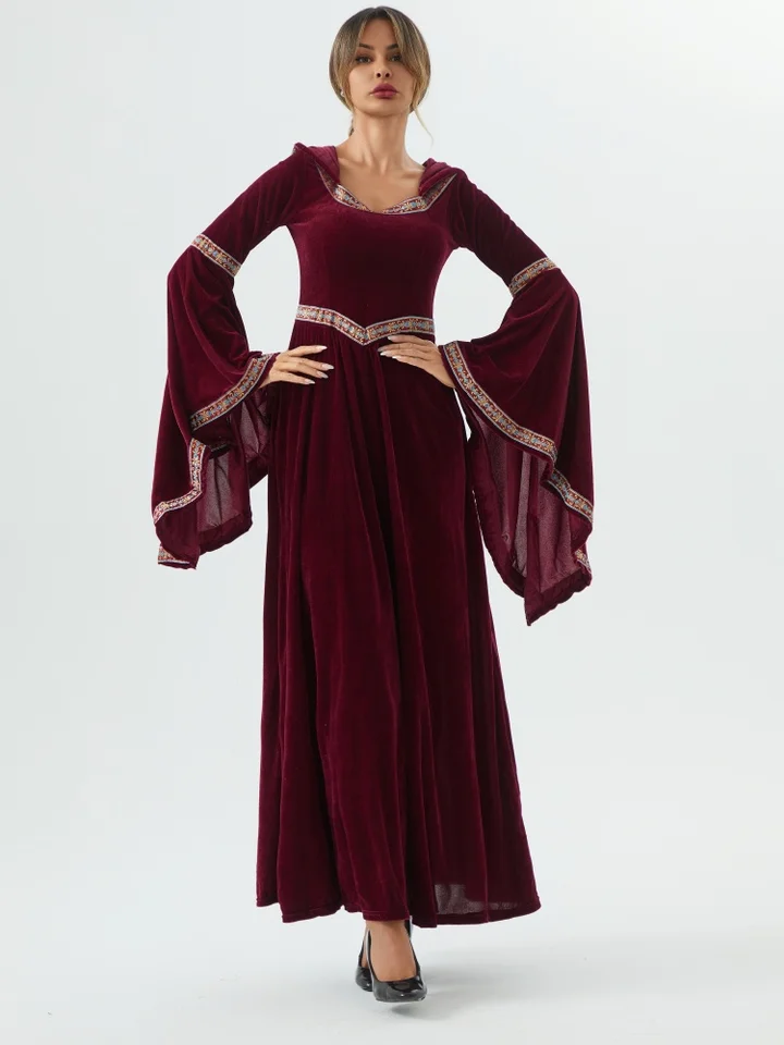 Gotické středověké šaty s kapucí pro ženy Halloween kostým čarodějnice vampír