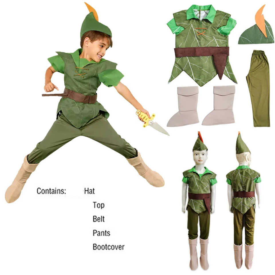 Dětský kostým Peter Pan - karnevalový outfit s tričkem a kalhotami pro chlapce Halloween