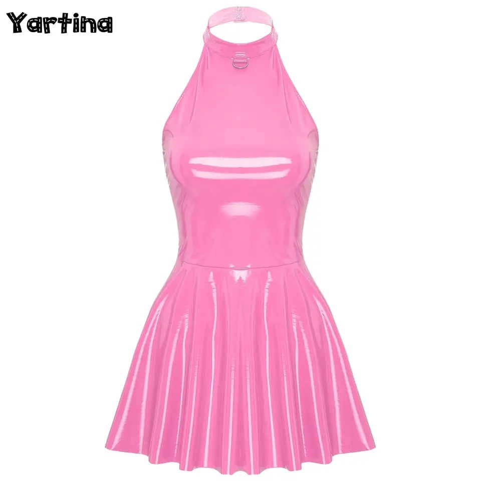 Lesklé latexové mini šaty A-line pro ženy - sexy párty clubwear, elegantní bodycon střih
