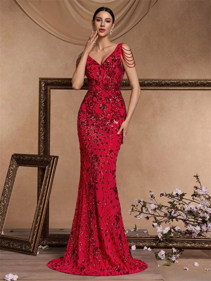 Luxusní červené flitrované společenské šaty mořská panna pro ženy | Elegantní večerní róba
