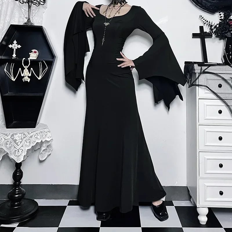 Dámské Halloween Gothic šaty s netopýřími rukávy - Černé elegantní maxi šaty pro párty a kostým