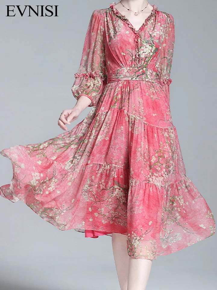 Letní dámské šaty s výstřihem do V, květinový vzor, elegantní, volnočasové, červené áčkové šaty