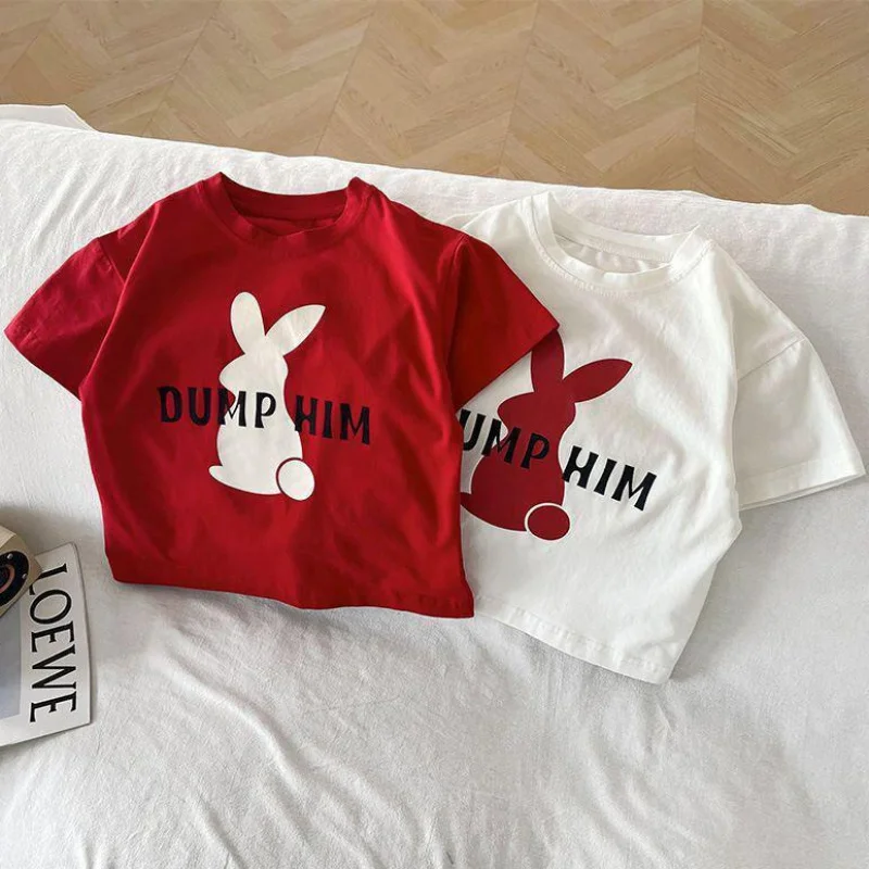 Dětské letní tričko s roztomilým králíčkem - bavlněné volné tričko pro kluky, módní krátký rukáv