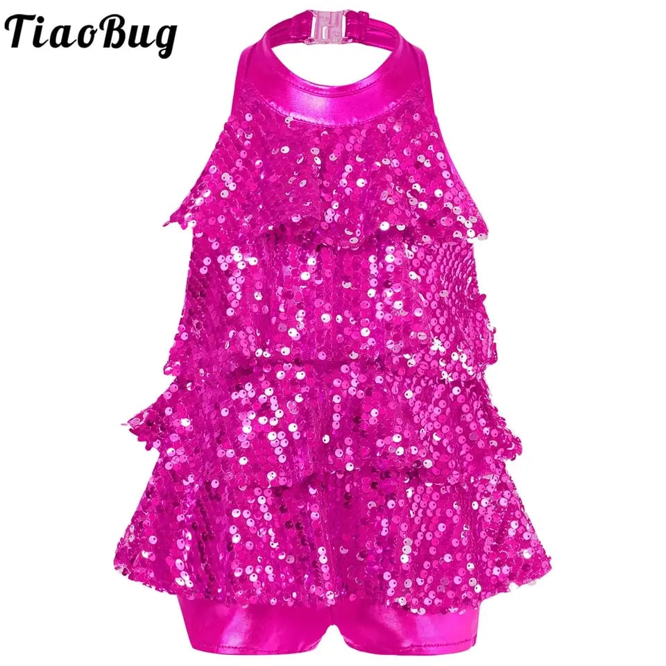 Dívčí třpytivé taneční šaty na moderní jazz a balet - krátký dres pro pódiové vystoupení