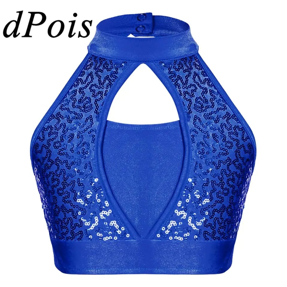 Dívčí taneční top s flitry - sportovní crop top na Jazz, Latin, Samba a balet 6-16 let