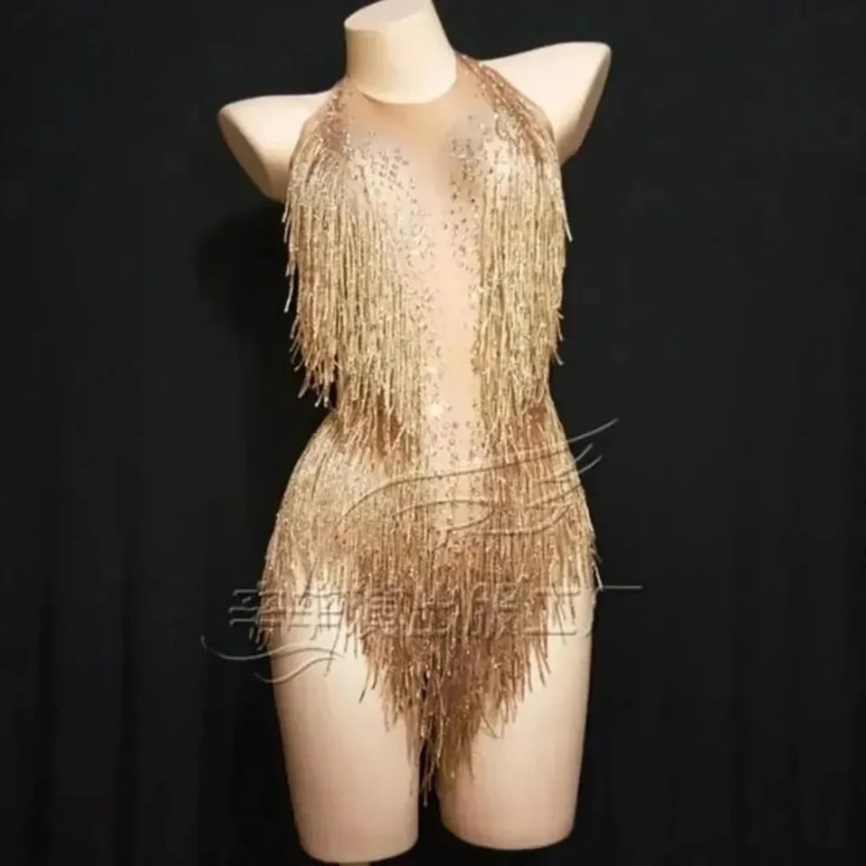 Dámský třpytivý taneční overal s třásněmi - sexy kostým na párty a pódiové vystoupení