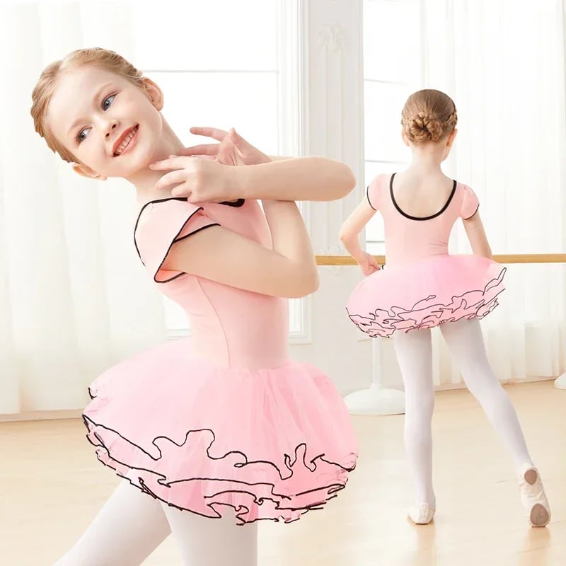 Dívčí baletní gymnastický dres s krátkým rukávem a tylovou sukní pro malé tanečnice