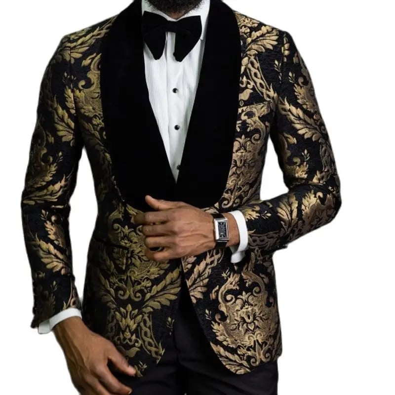 Elegantní pánský svatební oblek s květinovým vzorem a sametovým límcem - Slim Fit
