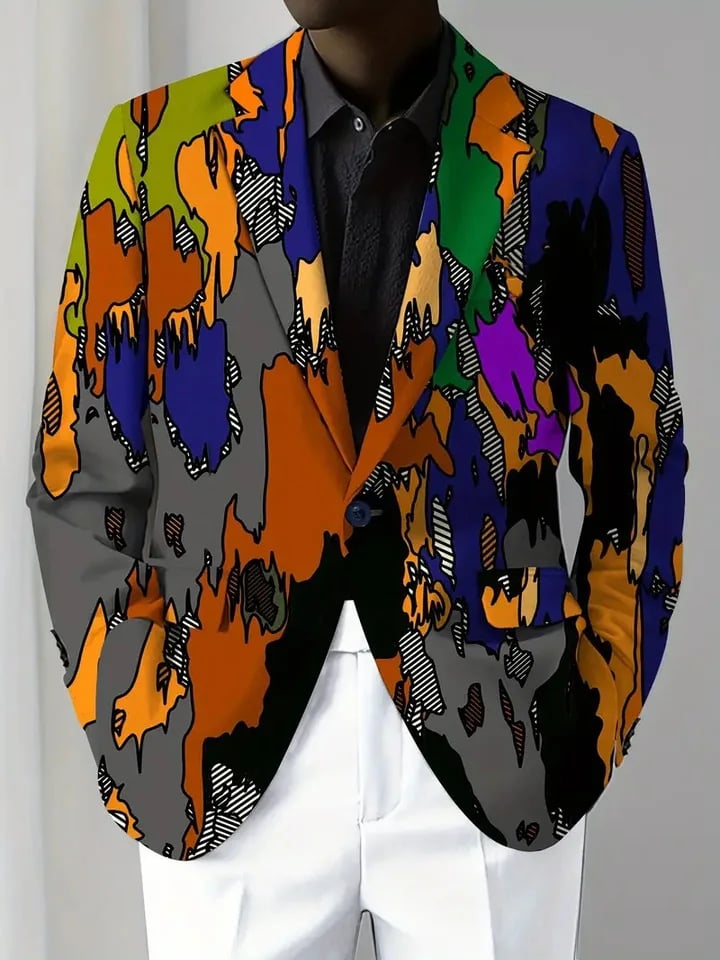 Pánská módní bunda s barevným potiskem - stylový elegantní dlouhý rukáv casual blazer
