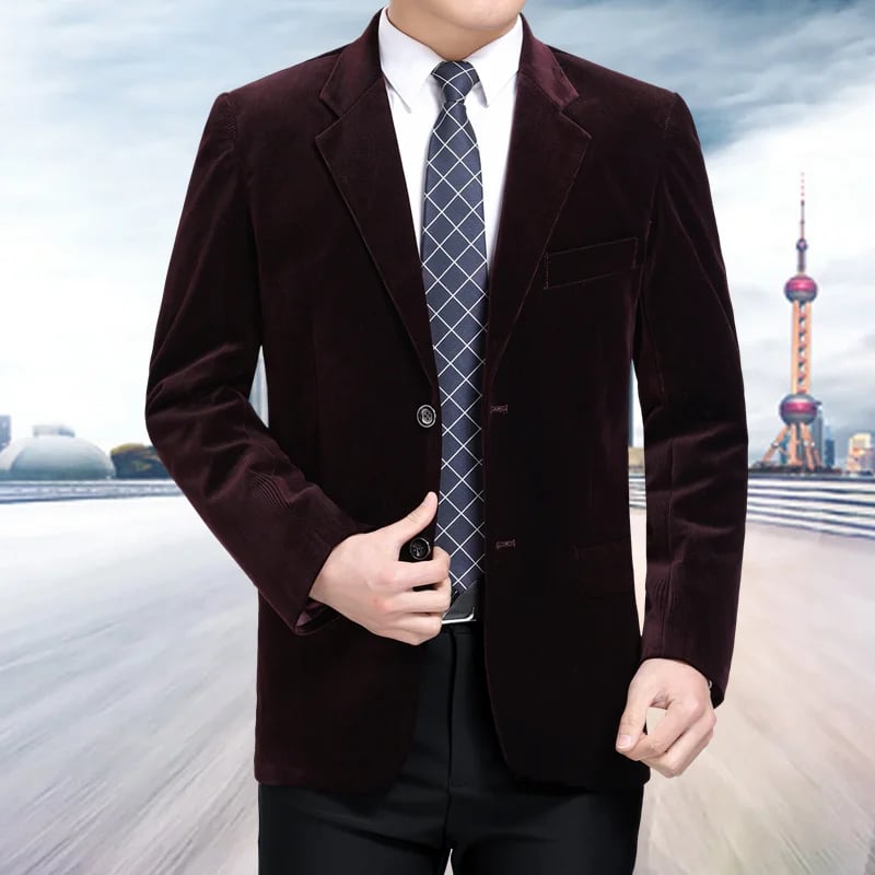 Pánský manažerský sako svetle hnědý corduroy elegantní společenský kabát slim fit jarní podzimní