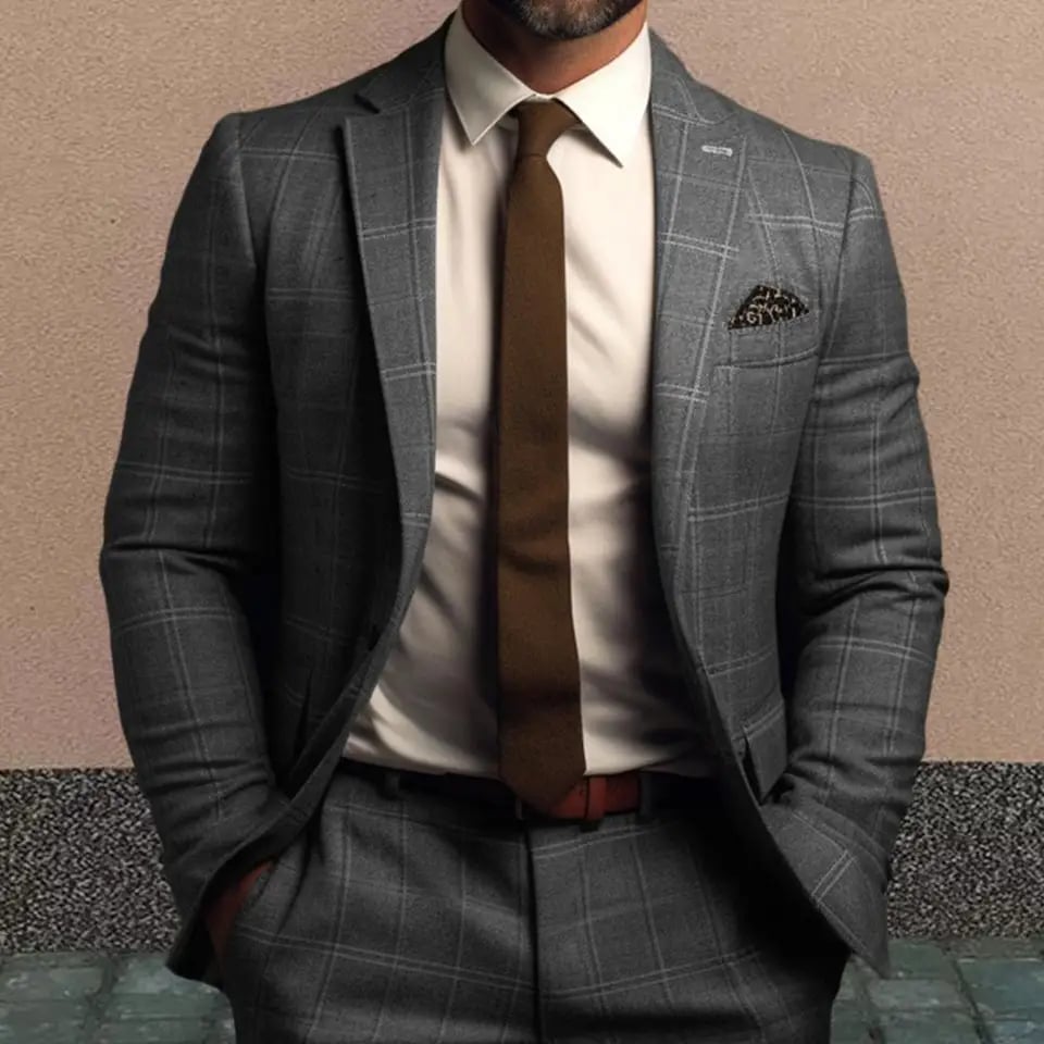 Pánský elegantní sako kabát károvaný vzor slim fit kancelářský blazer šedý