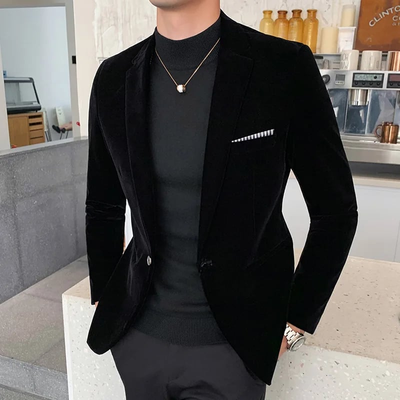 Zlatý sametový pánský blazer – elegantní slim fit oblek pro společenské příležitosti