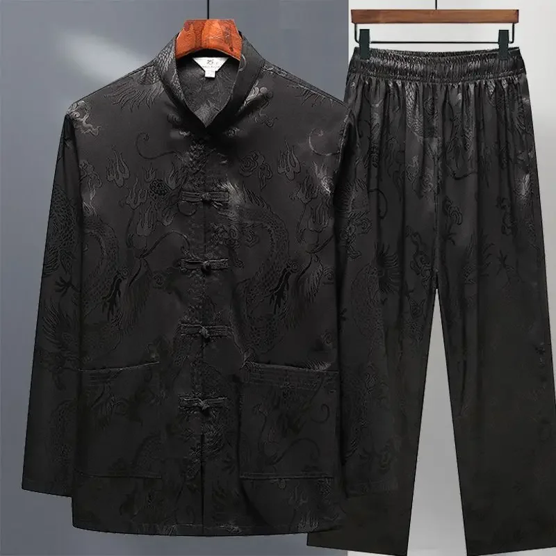 Tradiční pánský společenský oblek Tai Chi hedvábný volnočasový kabát pro seniory a muže středního věku