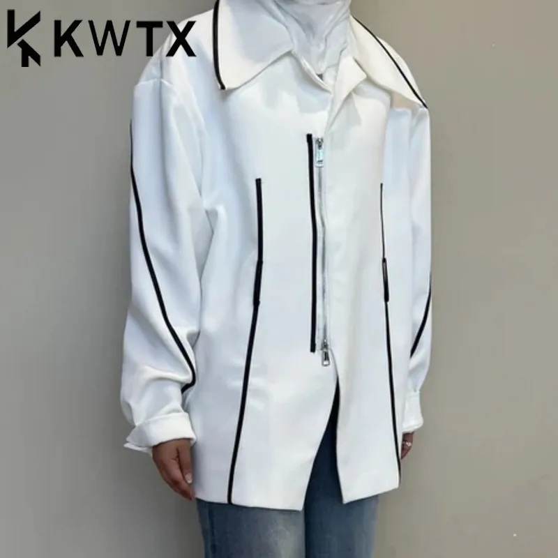 Dámský elegantní sako barevný blok jarní styl se zipem a páskem - módní kabátek 2025