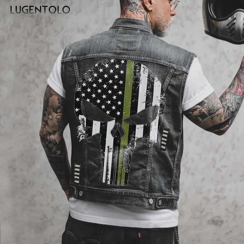 Pánská džínová vesta s lebkou - nadměrná velikost, motorkářský styl, jarní streetwear