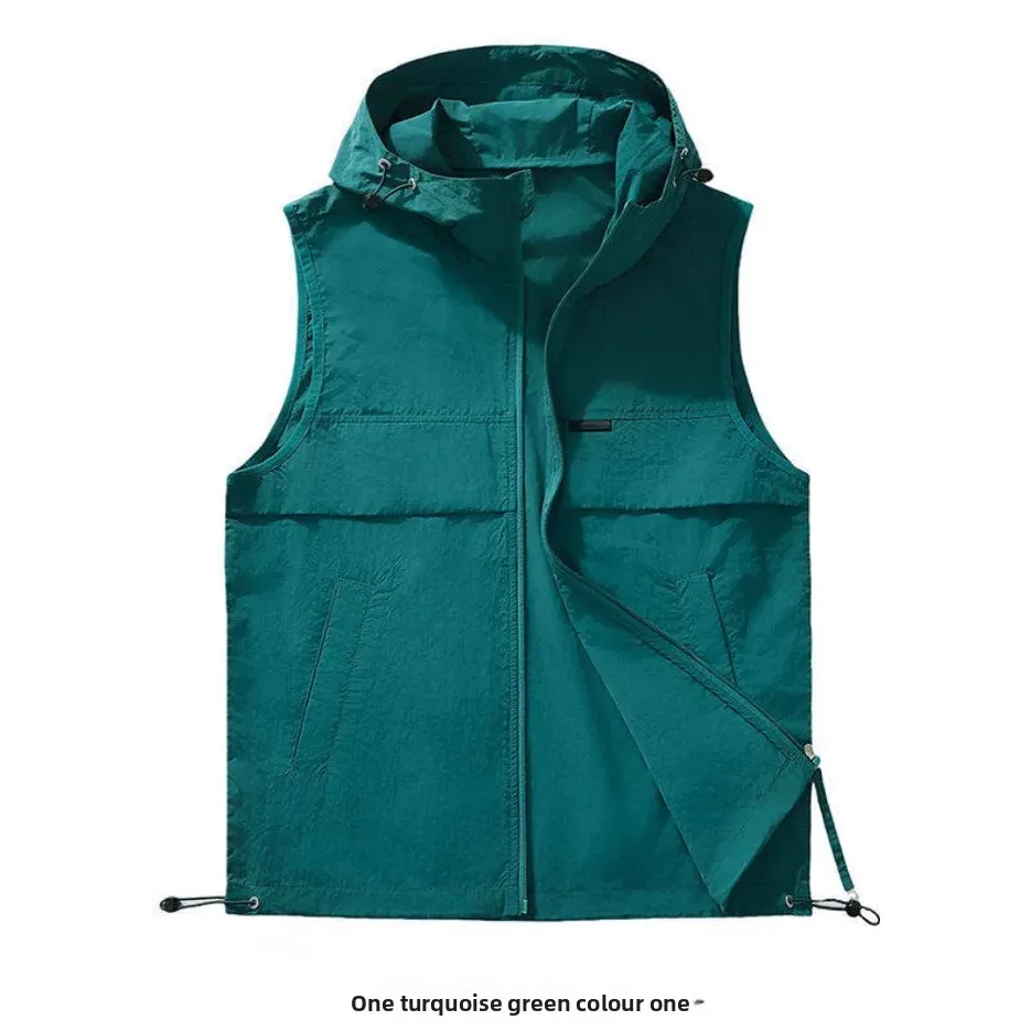 Pánská letní vesta s kapucí - prodyšná sportovní bunda bez rukávů, ochrana před sluncem, volný střih