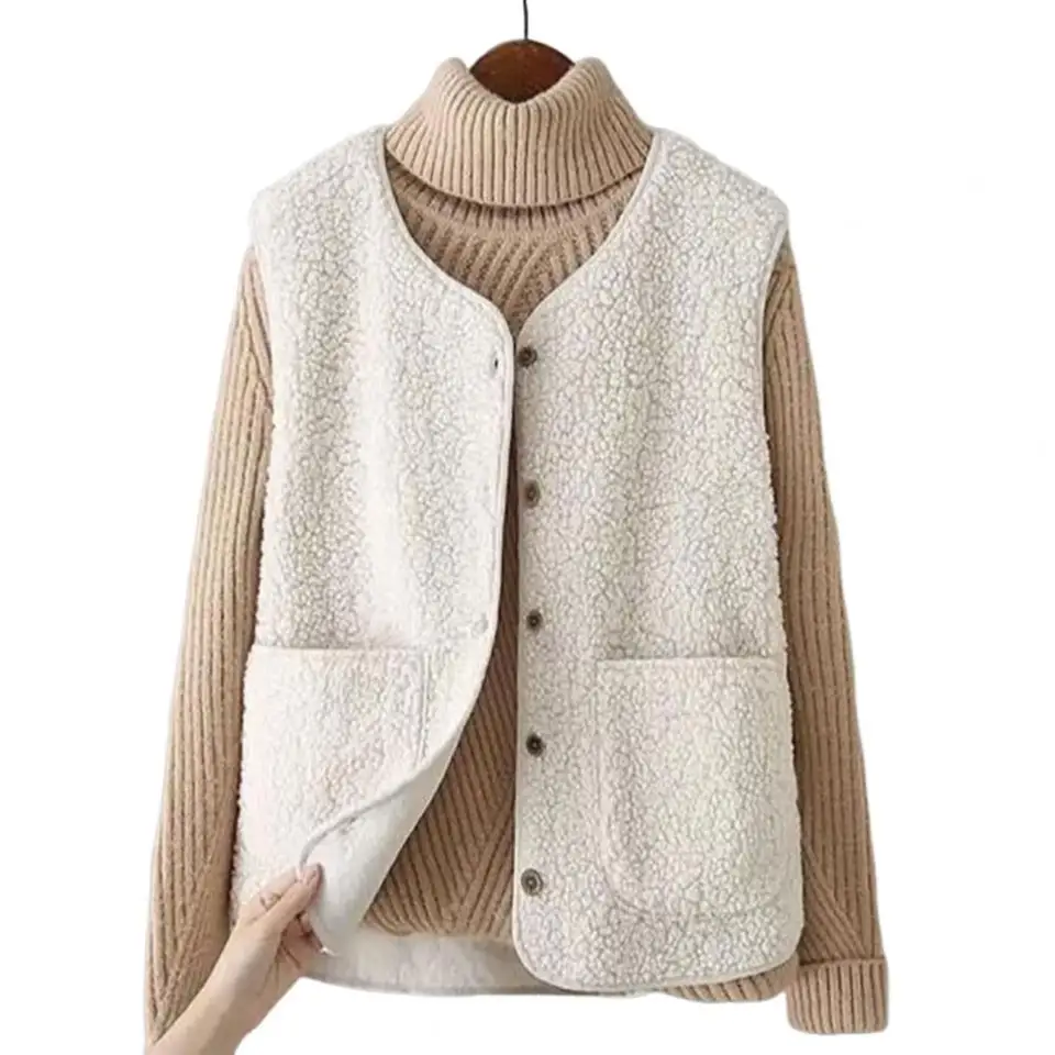 Dámská fleecová vesta s knoflíky a kapsami - teplá zimní bunda do podzimního počasí