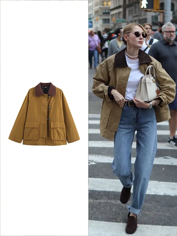 Dámská volnočasová bunda s kapsami - podzimní retro styl, dlouhý rukáv, módní kardigan