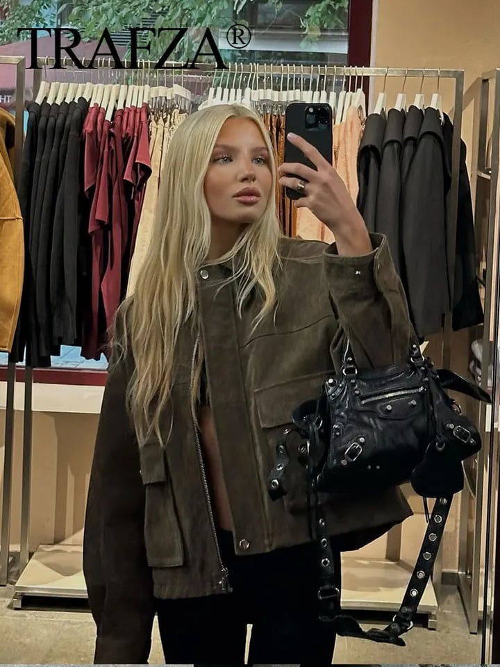 Dámská podzimní bunda se zipem a kapsami - elegantní volnočasový bomber světle modrý