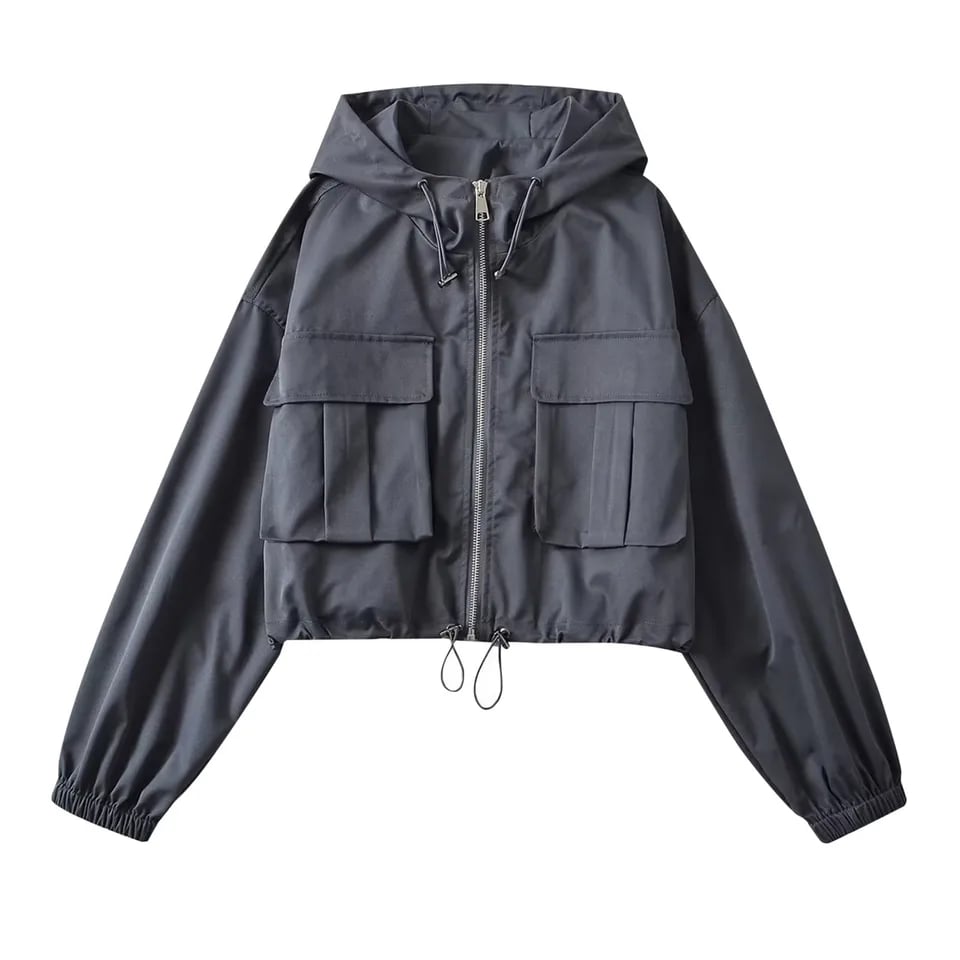Dámská bílá technická bunda s kapucí a kapsami - sportovní crop windbreaker kabát XS-XL