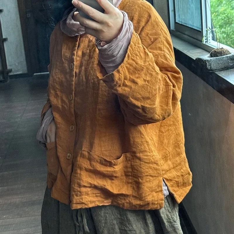 Dámský bavlněný lněný kabát volného střihu - podzimní vintage styl, béžová, M-XL
