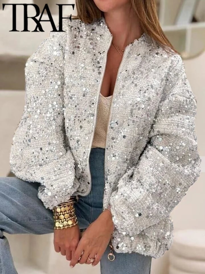 Dámská flitrová bomber bunda volného střihu Y2K styl módní podzimní kabát se zipem