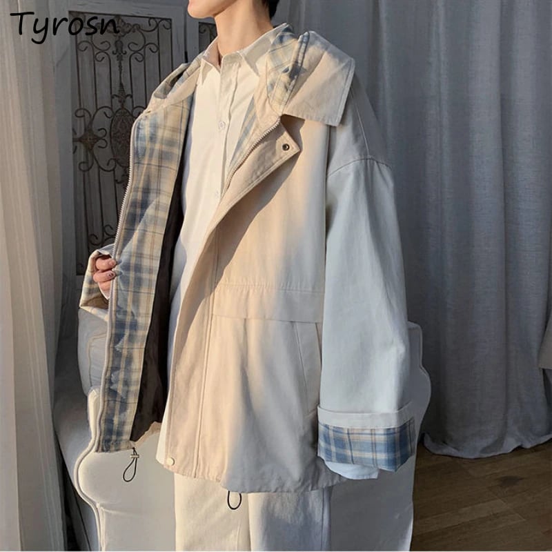 Dámská podzimní bunda s kapucí károvaný vzor volný střih stylový casual kabát