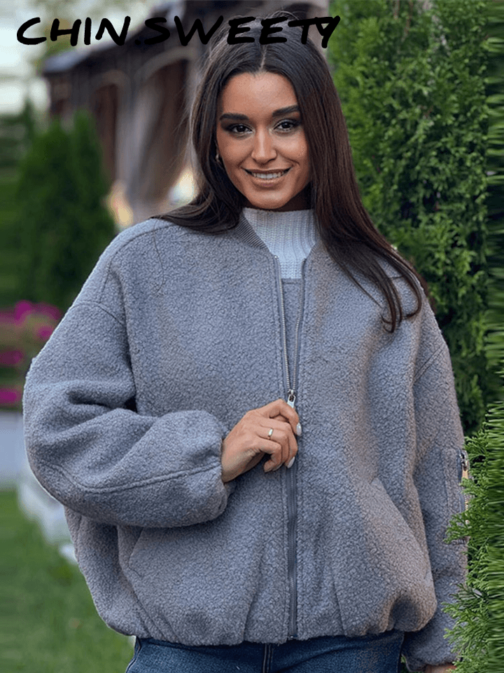 Dámská zimní bunda s kožíškem na zip - teplý bomber béžový kabát volný střih