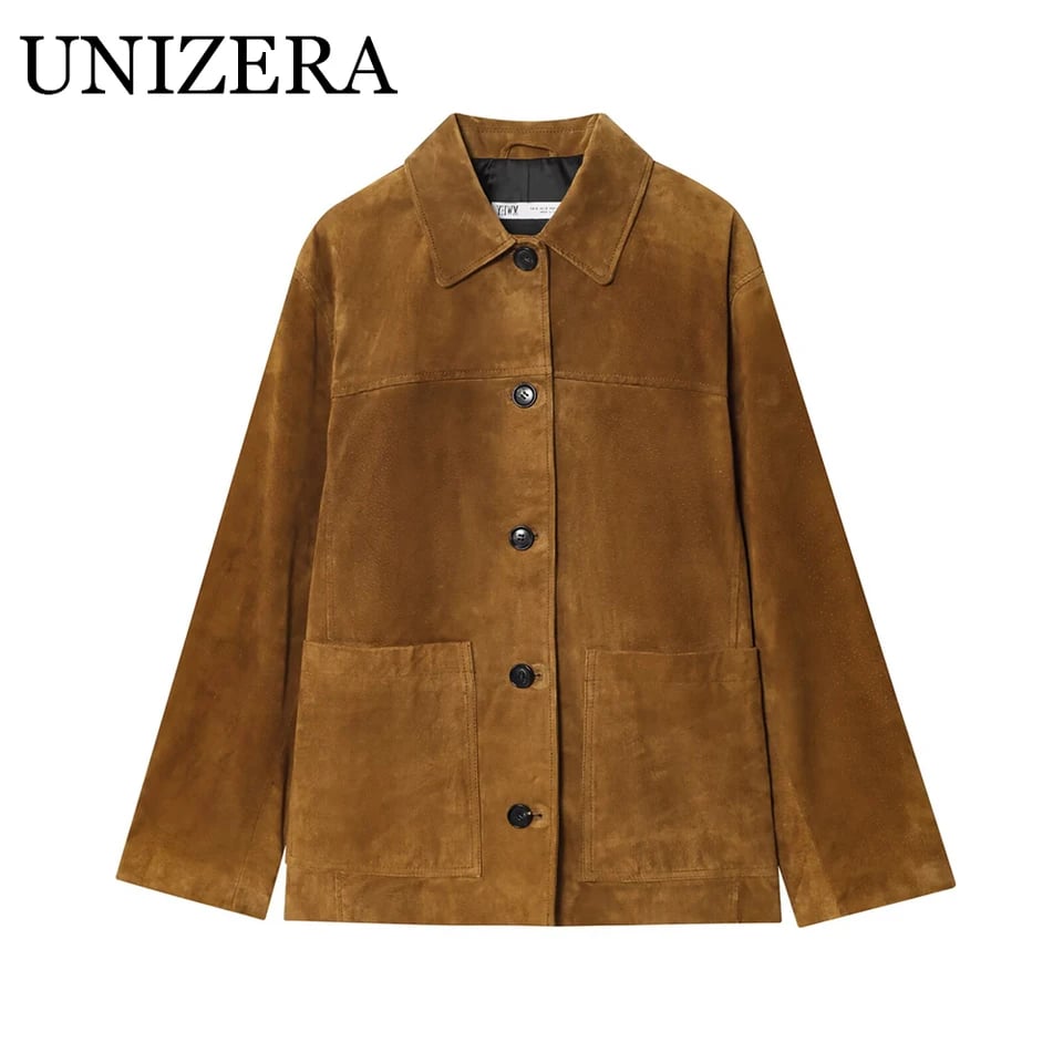 Pánská semišová kožená bunda s límcem - módní podzimní kabát, volný střih, hnědá XL