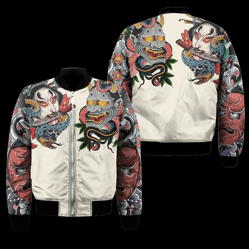 Pánská jarní/podzimní bomber bunda s 3D potiskem samurajské masky - sportovní volnočasová mikina se zipem