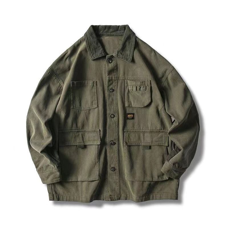Pánská/dámská retro pracovní bunda japonský styl vícevrstvá volný střih 2 kapsy