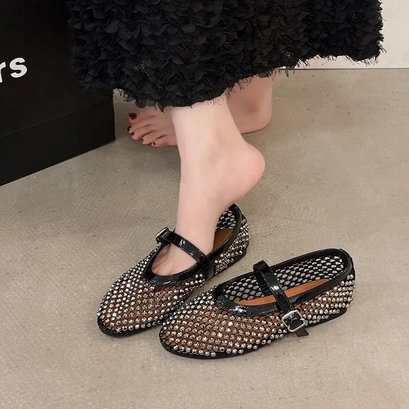 Dámské módní boty Mary Jane prodyšné síťované s kamínky elegantní pohodlné ploché