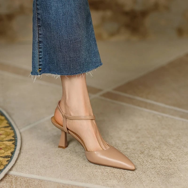 Dámské letní sandály na podpatku z pravé kůže elegantní společenské boty špičatý design