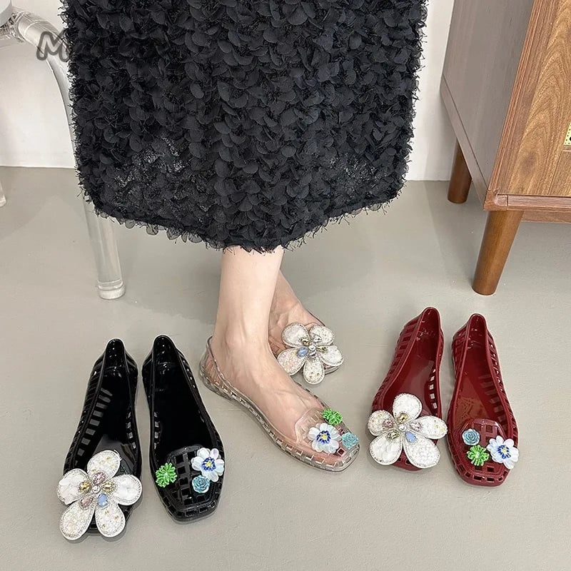 Průhledné krystalové jelly sandály ženy slip on korejský styl čtvercová špička