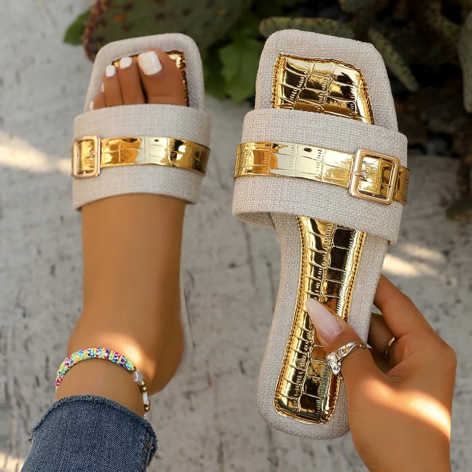 Dámské ploché pantofle s kovovou sponou letní plážové sandály velikost 43 protiskluzové