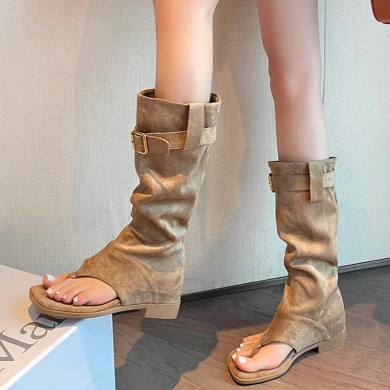 Dámské nadkolenní kozačky letní retro styl slip-on casual