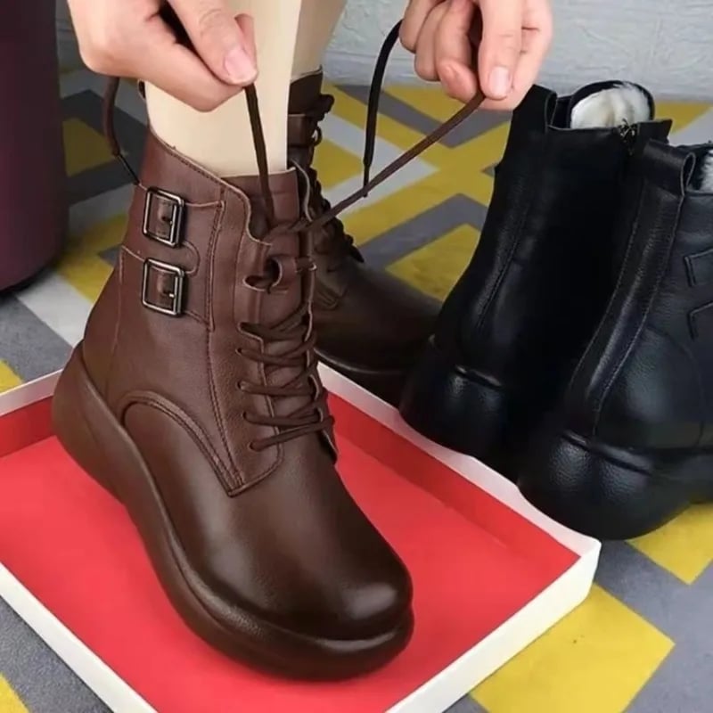Dámské kožené kotníkové boty s platformou Retro styl pro ženy