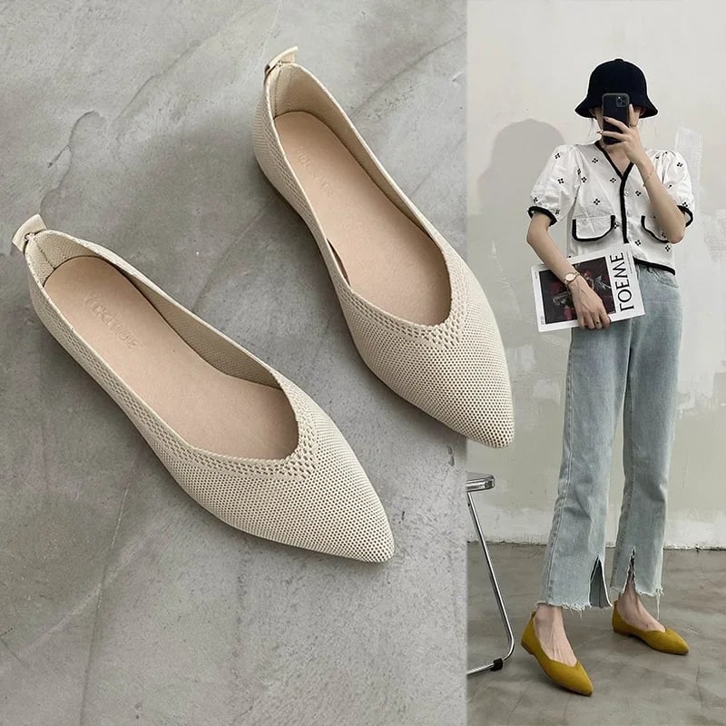 Dámské prodyšné pletené boty s plochou podrážkou a špičatou špičkou podzimní novinka