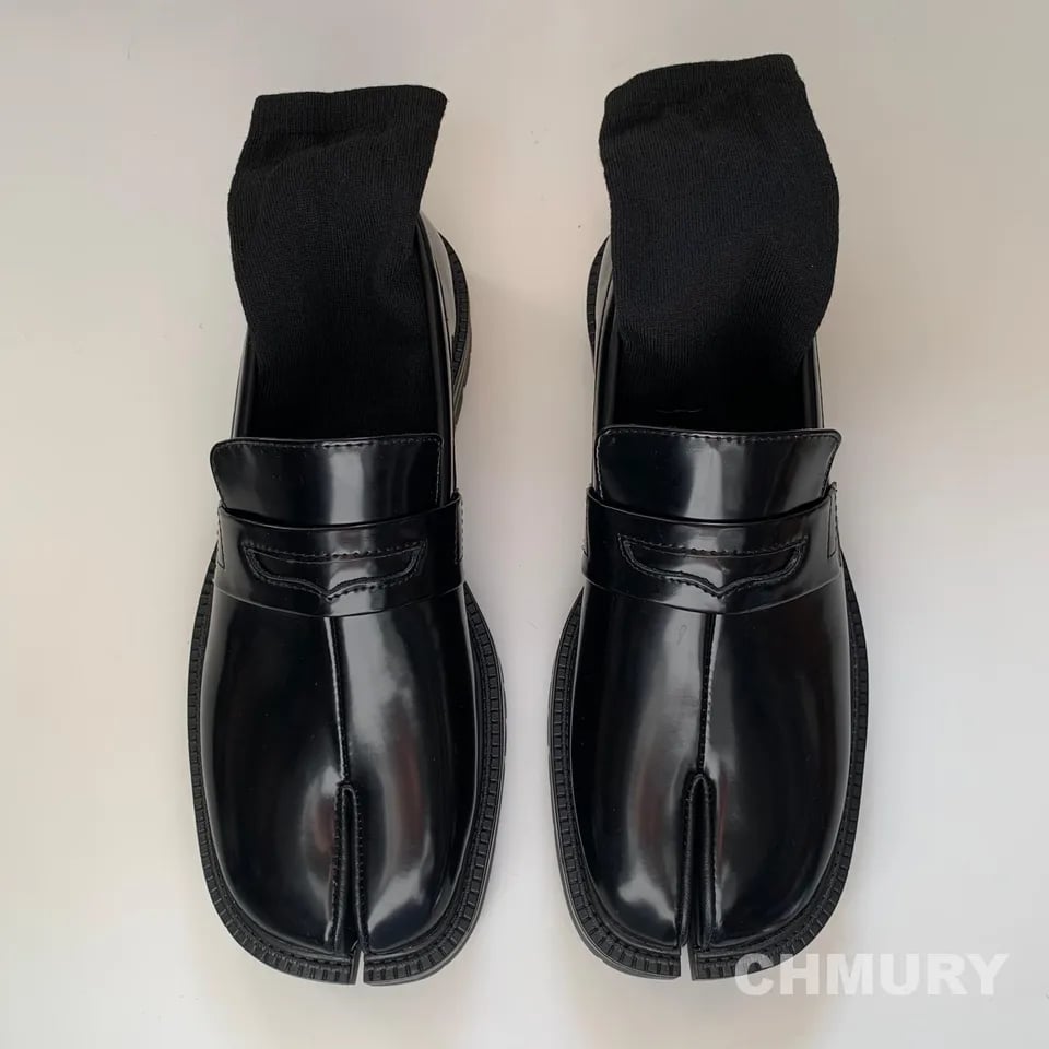 Tabi loafers pánské i dámské lakované boty s rozdělenou špičkou a tlustou podrážkou