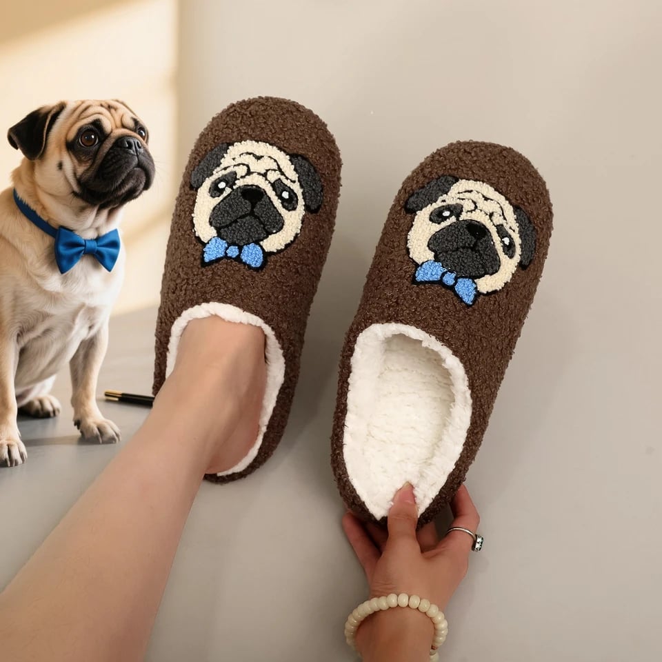 Lehké teplé plyšové pantofle Pug motiv pro ženy i muže s protiskluzovou podrážkou