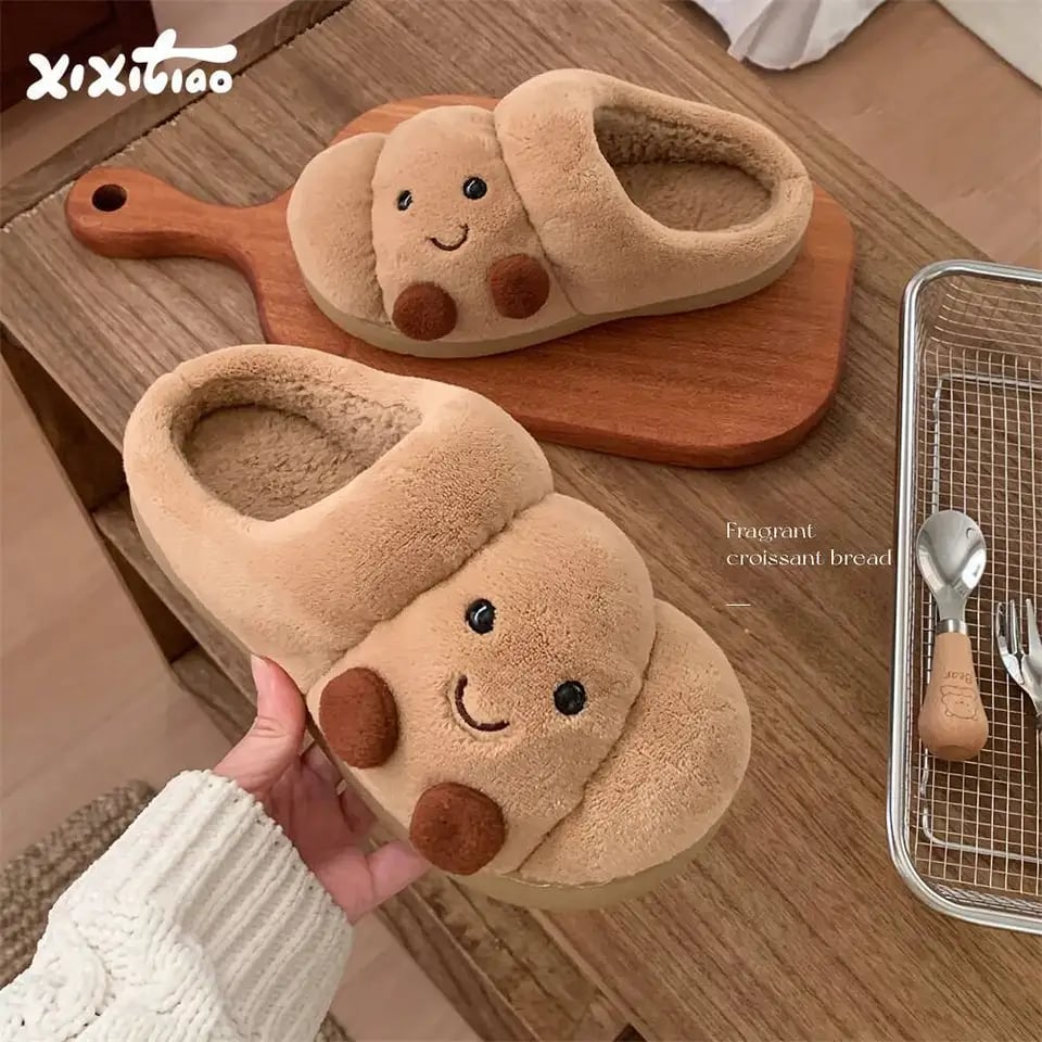 Párové zimní domácí pantofle croissant design protiskluzová tlustá podrážka bavlněné pro muže i ženy