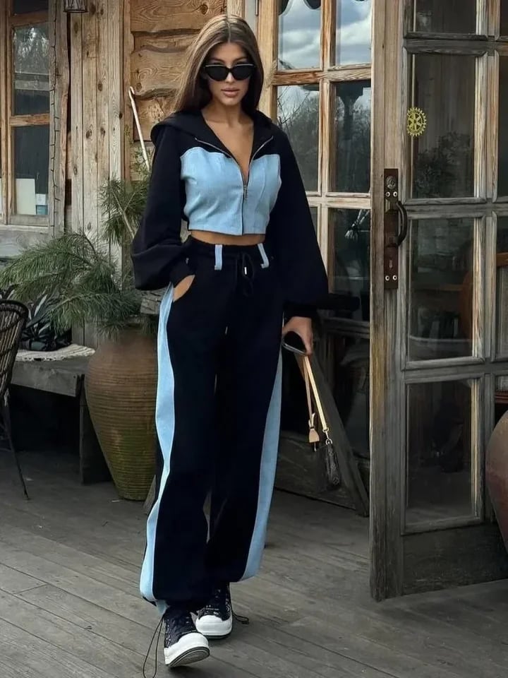 Dámská dvoudílná souprava s mikinou na zip a širokými nohavicemi crop topy sportovní set