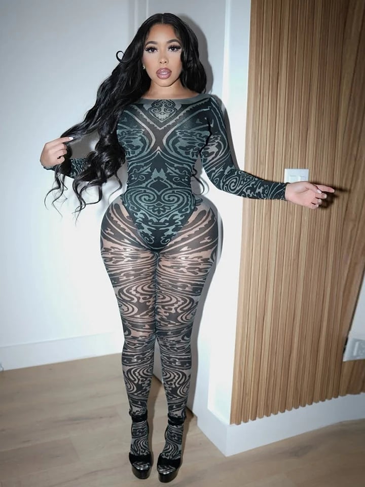 Dámská 2-dílná souprava síťovaný bodysuit a průsvitné skinny kalhoty do klubu