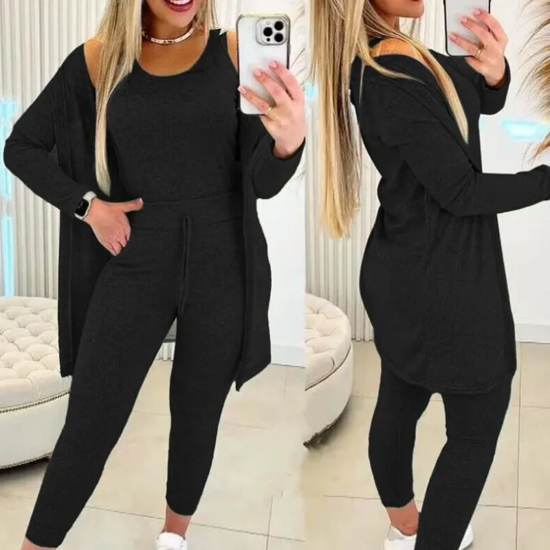 Letní dámská třídílná souprava kardigan top kalhoty jednobarevná street style cestování 2024