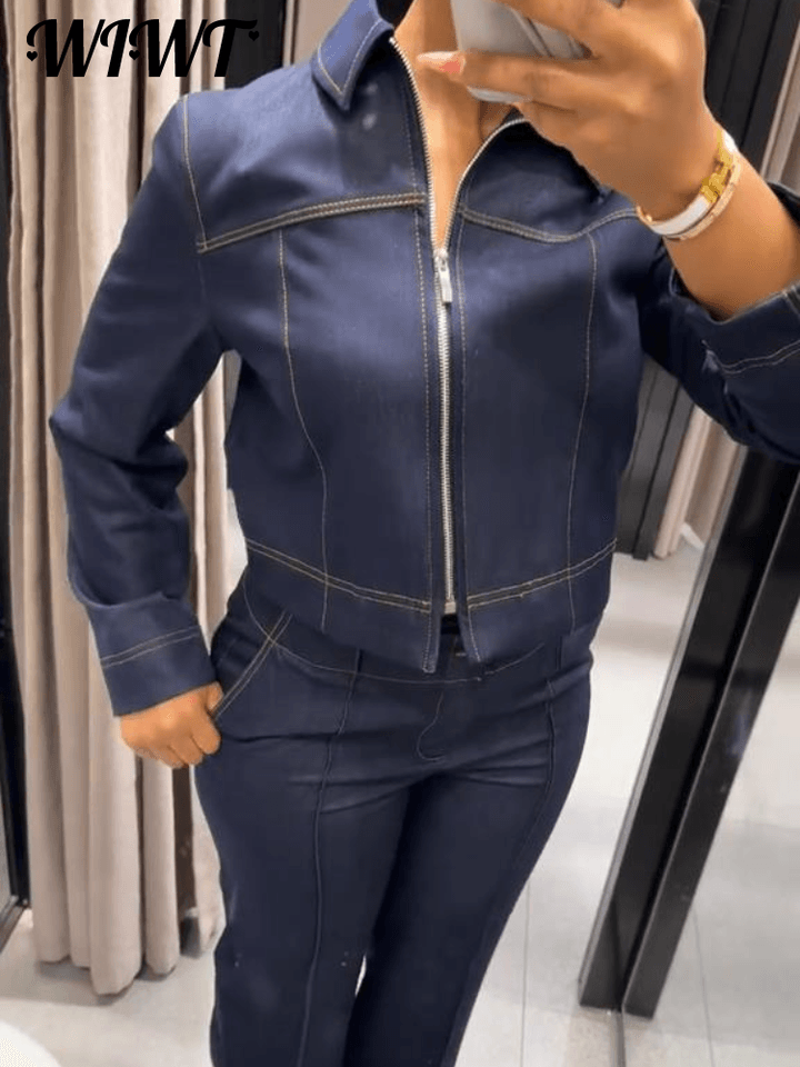 Dámská souprava s krátkou bundou na zip a kalhotami se širokými nohami jednobarevná 2025