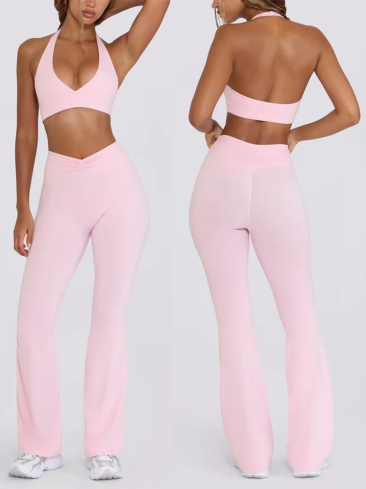 Dámský jógový set camisole bez ramínek nude barva se zvonovými nohavicemi