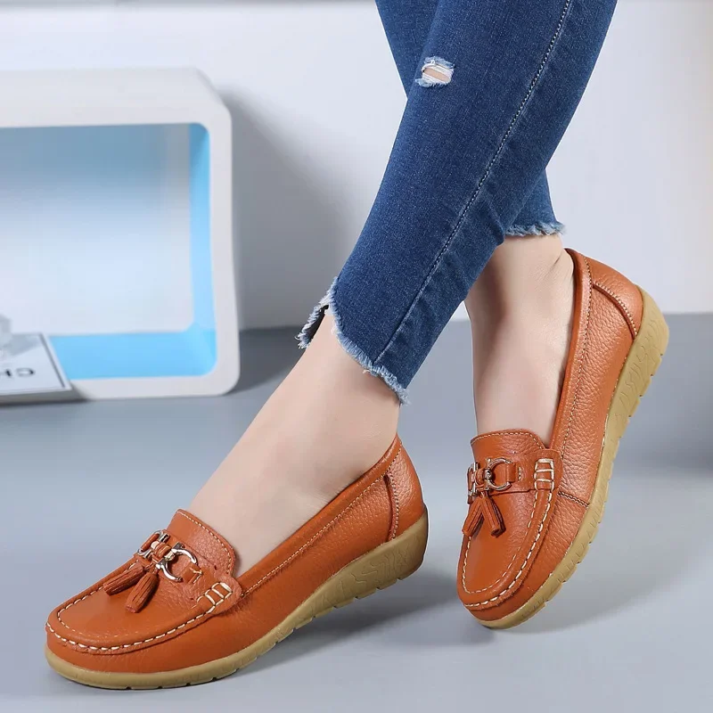 Jarní styl pro maminky dámské boty pravá kůže slip on plochý podpatek měkká podrážka velká velikost